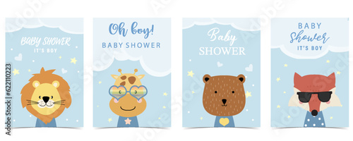 Baby shower blue invitation card for boy with animal