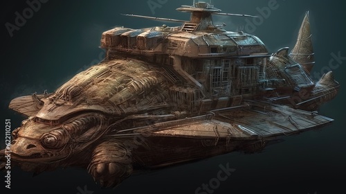 Fantasy tortoise battleship. Generative AI