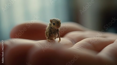 Tiny creature sitting on the palm of hand. Generative AI