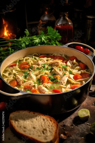 chicken noodle soup in dutch oven pot created with generative AI