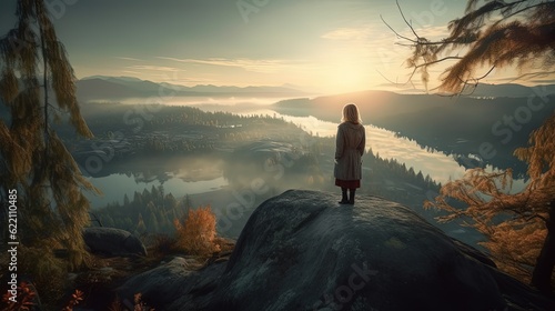 Wallpaper Mural Woman standing at the top of a mountain and watching landscape. Generative AI Torontodigital.ca