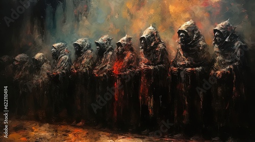 Captives awaiting reprisal in a dark cave in style of oil painting illustration. Generative AI