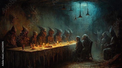 Captives awaiting reprisal in a dark cave in style of oil painting illustration. Generative AI