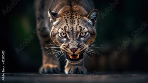 portrait of an angry puma attacking mode  showing teeth running towards enemy  black background  generative ai