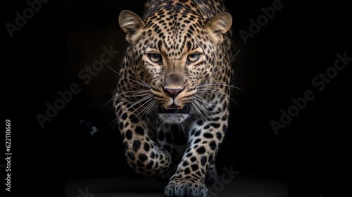 portrait of an angry leopard hunting , showing teeth running towards enemy, black background, generative ai