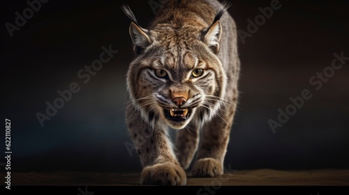 portrait of an angry lynx attacking mode  showing teeth running towards enemy  black background  generative ai