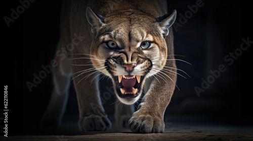 portrait of an angry female tiger attacking mode  showing teeth running towards enemy  black background  generative ai