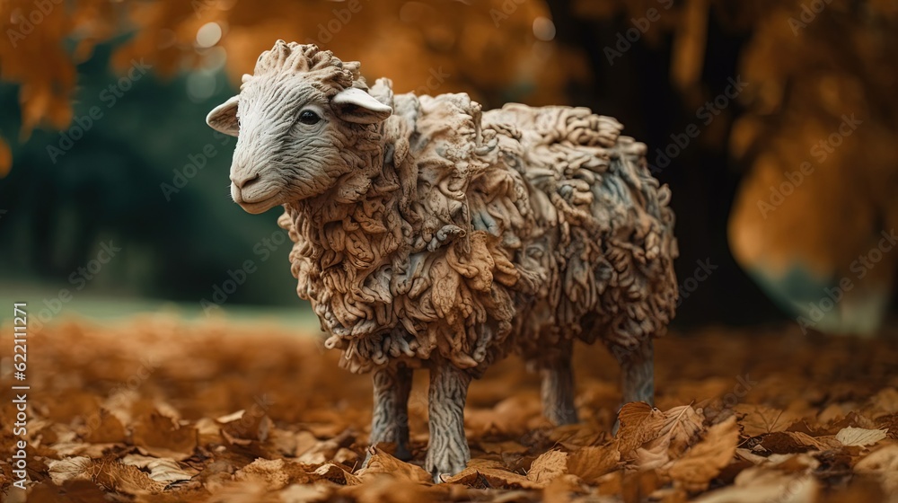 Obraz premium Sheep creature figurine in forest. Generative AI