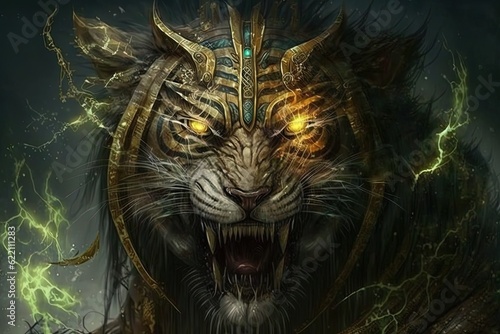 Giant tiger monster roaring. Fantasy tiger creature. Generative AI © Soulmate