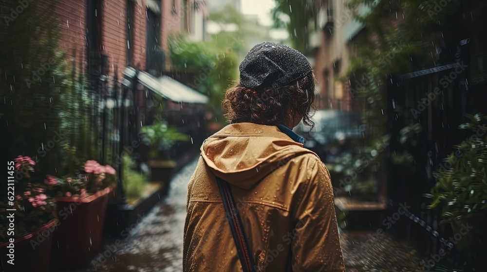 Woman walking down rainy street. Generative AI