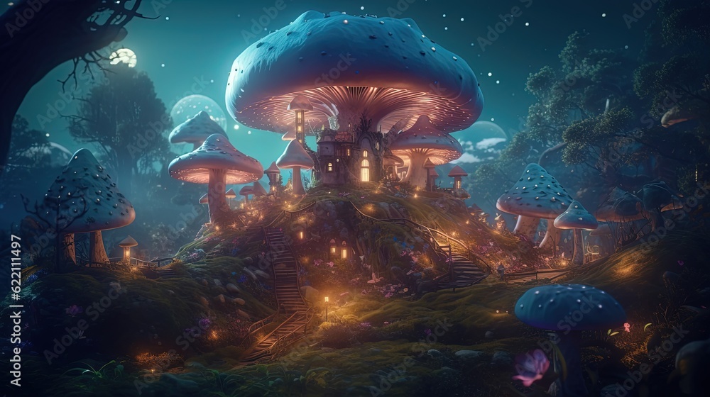 Obraz premium Wonderland with magical giant mushrooms. Generative AI