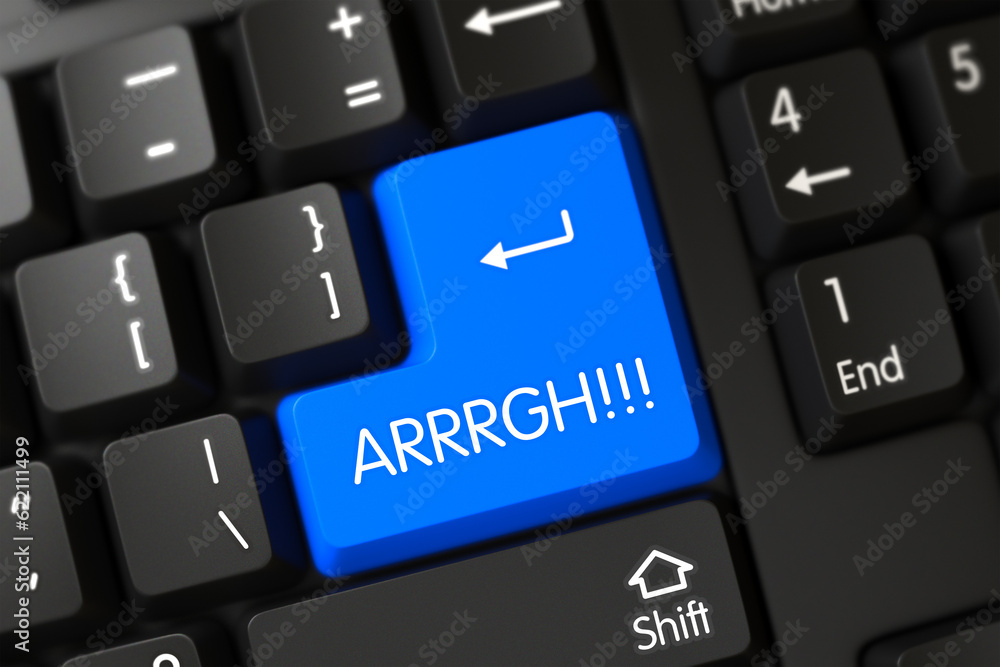Modern Keyboard with the words Arrrgh on Blue Button. 3D. Modern Keyboard with the words Arrrgh on Blue Button. 3D.
