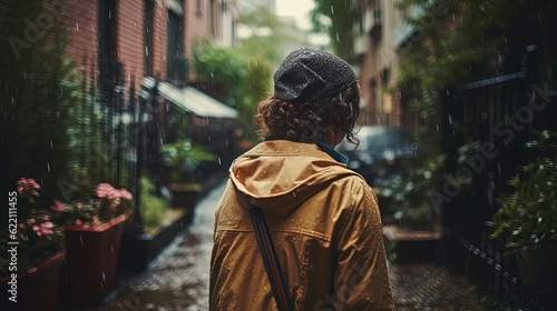 Woman walking down rainy street. Generative AI