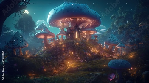 Wonderland with magical giant mushrooms. Generative AI
