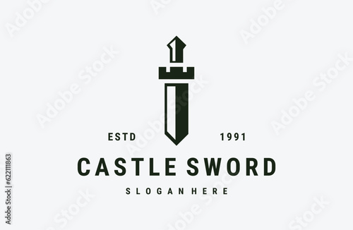 Castle sword logo vector icon illustration hipster vintage retro