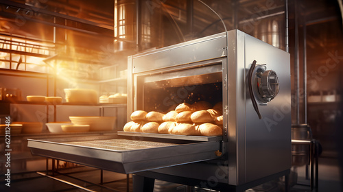Commercial; professional bakery kitchen and stainless steel convection; bread bun baking in deck oven; kneading machine; pasta dough on table; cabinet and ingredient for baking business background 3D 