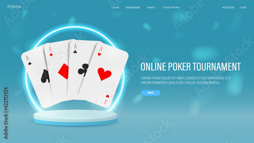 Realistic poker cards on a white 3d podium with a neon bright frame on a blue background. A web banner on the casino theme.