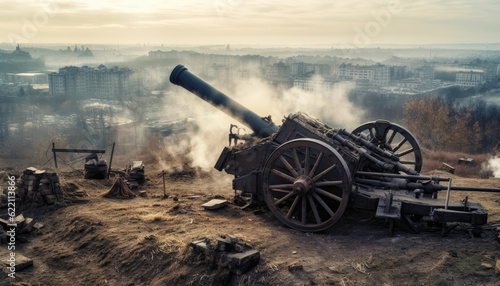 Slika na platnu Battle-ready cannon in historical conflict Past war weapon and vehicle fighting