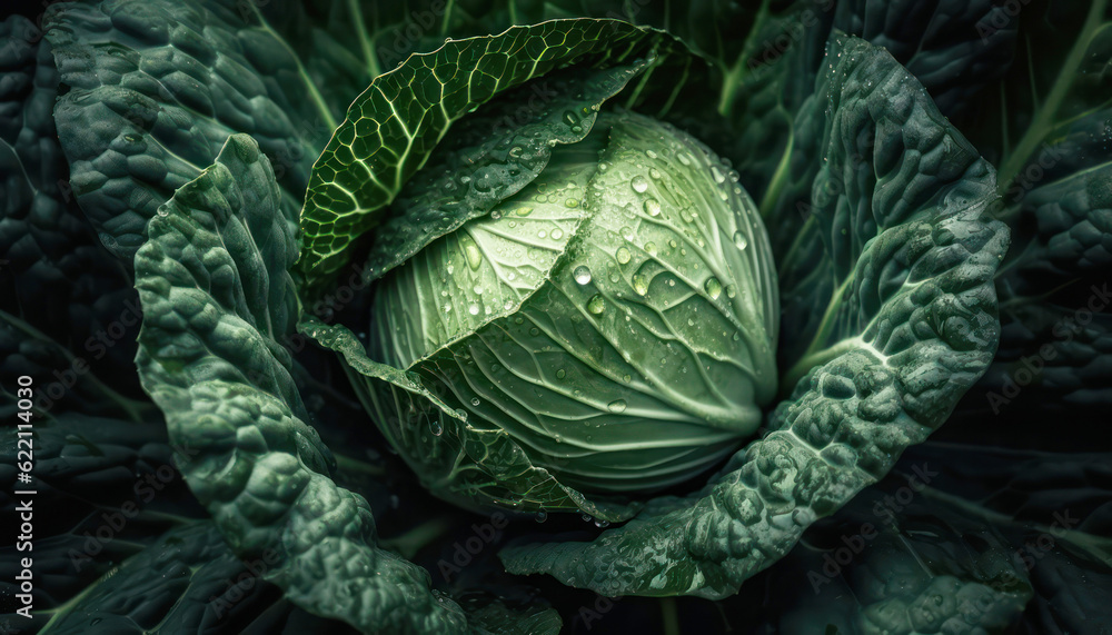 Fototapeta premium Fresh organic green cabbage on black background. Water drops create a splash. Healthy vegetarian ingredient. Generative AI