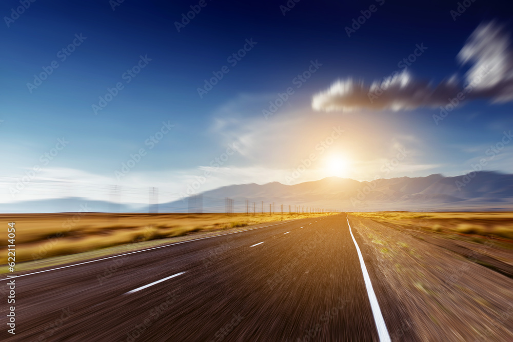 Straight road goes to horizon and mountains. Motion concept