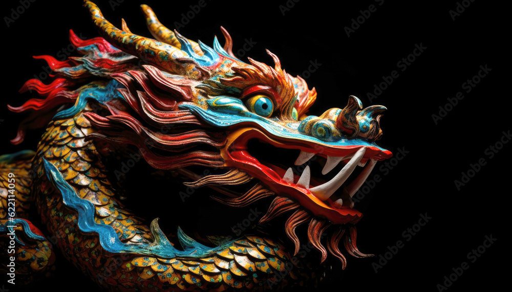 Closeup colorful Chinese dragon sculpture on a black background, perfect for New Year projects. Generative AI
