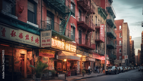 China Town's narrow alley: a blend of old and new Chinese architecture, with vibrant buildings. A bustling street, devoid of people, showcases urban charm and travel appeal. Generative AI