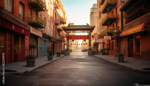 China Town's narrow alley: a blend of old and new Chinese architecture, with vibrant buildings. A bustling street, devoid of people, showcases urban charm and travel appeal. Generative AI