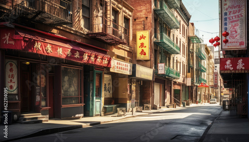 China Town's narrow alley: a blend of old and new Chinese architecture, with vibrant buildings. A bustling street, devoid of people, showcases urban charm and travel appeal. Generative AI