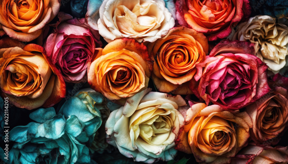 Colorful bouquet garden roses showcases the beauty of nature without people. Vibrant petals in pink, red, blue green yellow orange create a stunning close-up view. Perfect floristry. Generative AI