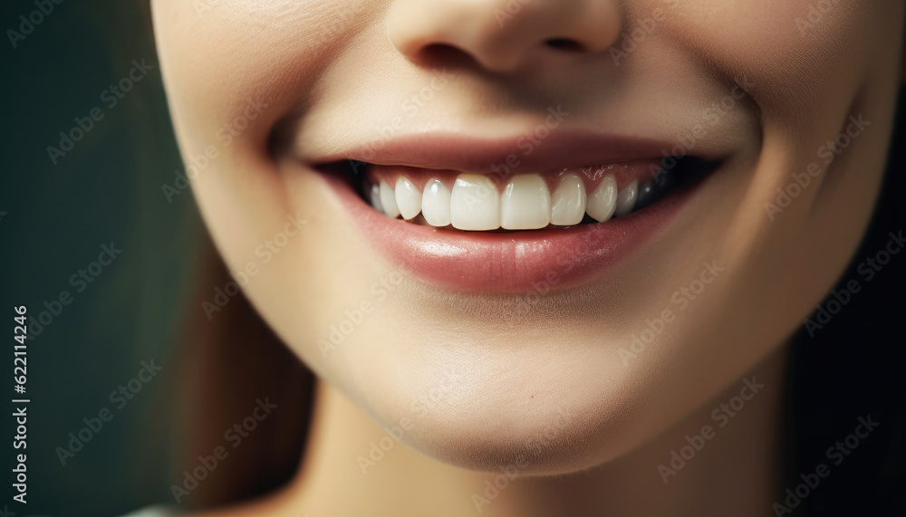 Fototapeta premium Smiling young adult woman portrait with close-up of lips and smiley teeth face, adorned with stunning makeup, exudes confidence. Her lips, teeth, and nose are beautifully highlighted. Generative AI