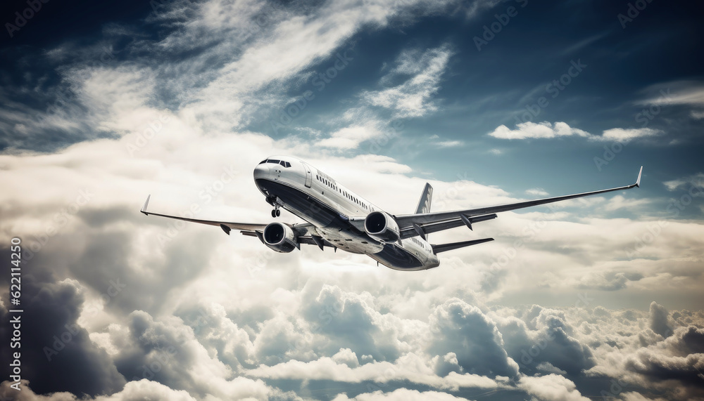 Fototapeta premium Airliner airplane or plan flying and gliding through clouds, symbolizing air travel. Perfect for transportation and aviation projects. Generative AI