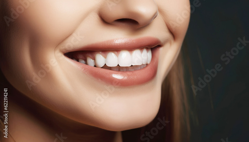 Smiling young adult woman portrait with close-up of lips and smiley teeth face  adorned with stunning makeup  exudes confidence. Her lips  teeth  and nose are beautifully highlighted. Generative AI