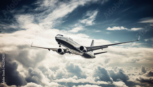 Airliner airplane or plan flying and gliding through clouds, symbolizing air travel. Perfect for transportation and aviation projects. Generative AI