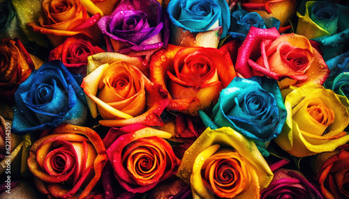 Colorful bouquet garden roses showcases the beauty of nature without people. Vibrant petals in pink  red  blue green yellow orange create a stunning close-up view. Perfect floristry. Generative AI