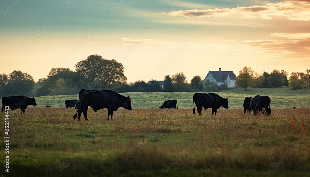 Serene sunrise over green meadow landscape with peaceful group of cow and grazing cattle and wildlife in rural countryside. Generative AI Serene sunrise over green meadow landscape with peaceful group of cow and grazing cattle and wildlife in rural countryside. Generative AI