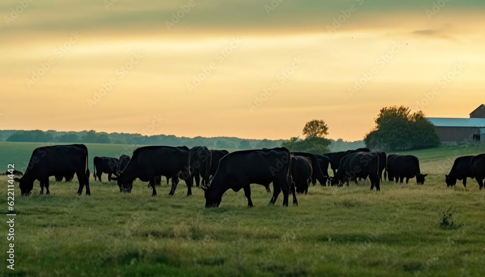 Serene sunrise over green meadow landscape with peaceful group of cow and grazing cattle and wildlife in rural countryside. Generative AI Serene sunrise over green meadow landscape with peaceful group of cow and grazing cattle and wildlife in rural countryside. Generative AI