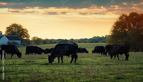 Serene sunrise over green meadow landscape with peaceful group of cow and grazing cattle and wildlife in rural countryside. Generative AI