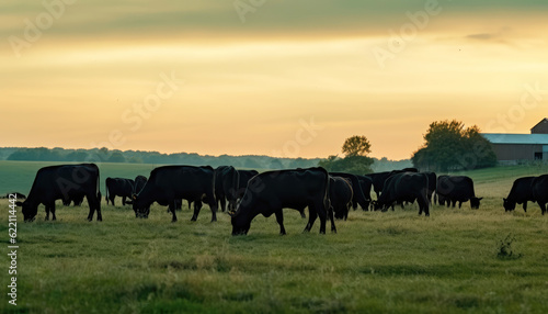 Serene sunrise over green meadow landscape with peaceful group of cow and grazing cattle and wildlife in rural countryside. Generative AI