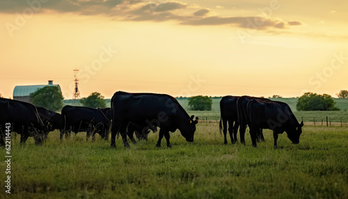 Serene sunrise over green meadow landscape with peaceful group of cow and grazing cattle and wildlife in rural countryside. Generative AI © Virtual Art Studio