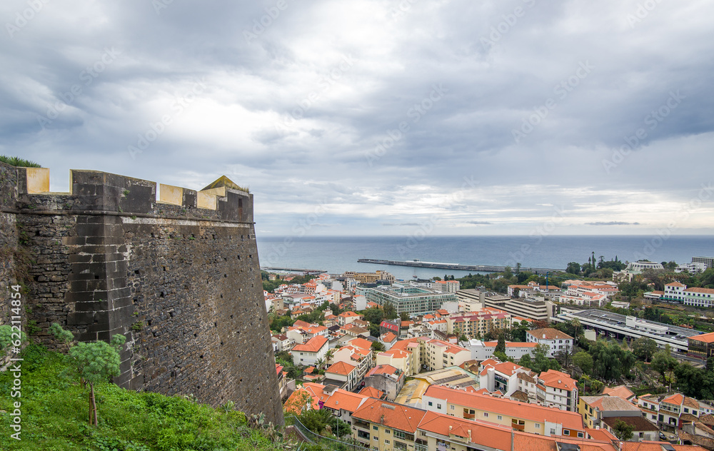 Funchal ancient fortress walls and cityscape view. Madeira island, Portugal.