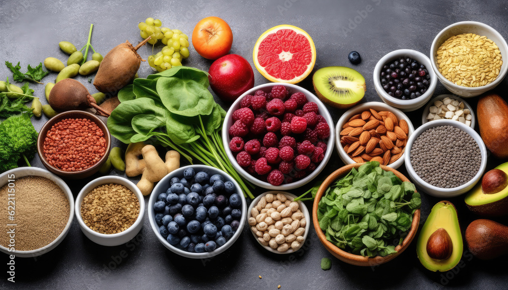 Abundance of fresh, colorful ingredients for healthy eating vibrant flat lay with a variety of fruits and vegetables for vitamin-rich wellbeing. No people. Top view. Generative AI