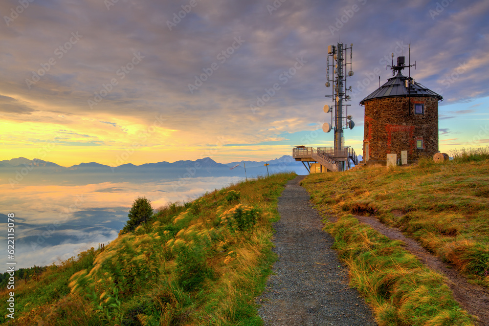 Communications station and amazing morning in Gerlitzen Apls in Austria.View  of the mountains in Slovenia.HDR Image
