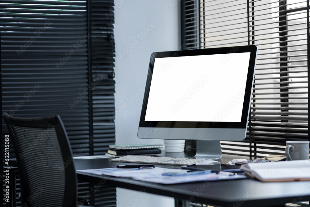 Modern workspace with computer with blank screen and equipment on white table.Blank screen for your information. Modern workspace with computer with blank screen and equipment on white table.Blank screen for your information.
