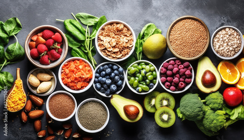 Abundance of fresh  colorful ingredients for healthy eating vibrant flat lay with a variety of fruits and vegetables for vitamin-rich wellbeing. No people. Top view. Generative AI