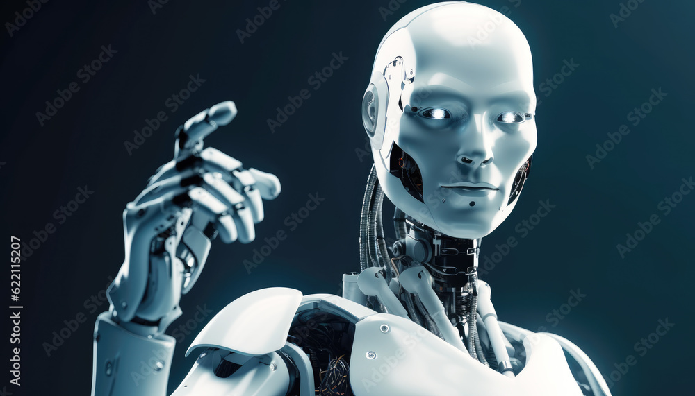 White robot humanoid portrait with copy space background. Generative AI White robot humanoid portrait with copy space background. Generative AI