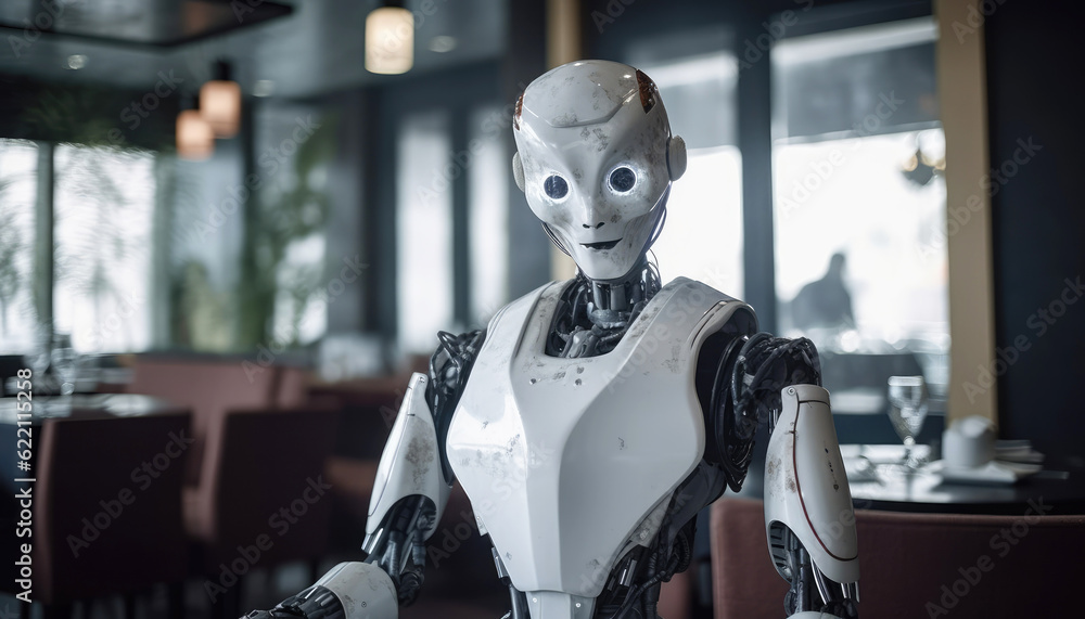Robot customer is served by food service at an indoor restaurant table. The scene showcases a futuristic enjoying dining experience. Generative AI Robot customer is served by food service at an indoor restaurant table. The scene showcases a futuristic enjoying dining experience. Generative AI