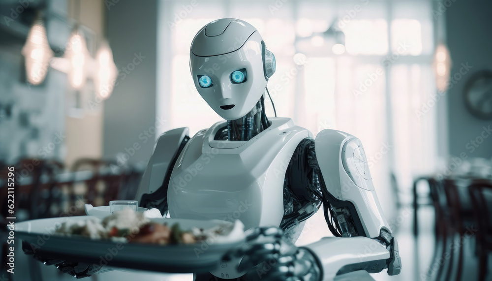 Robot customer is served by food service at an indoor restaurant table. The scene showcases a futuristic enjoying dining experience. Generative AI Robot customer is served by food service at an indoor restaurant table. The scene showcases a futuristic enjoying dining experience. Generative AI