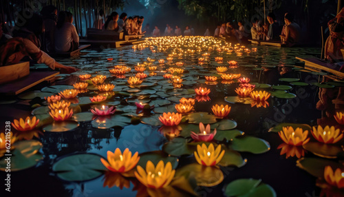 An ancient Asian festival in Thailand: People in colorful costumes gather canal, floating candles on a boat, illuminating vibrant light night spiritual beauty of Loy Krathong tradition . Generative AI photo