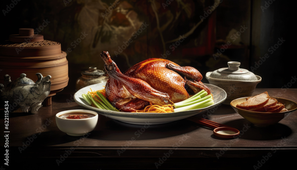 Delicious Chinese roast duck and goose dish. Fresh and healthy white meat. No people, directly above view. Perfect for food enthusiasts. Generative AI Delicious Chinese roast duck and goose dish. Fresh and healthy white meat. No people, directly above view. Perfect for food enthusiasts. Generative AI