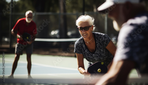 Dynamic pickleball game with senior male and female players competing in mixed doubles. Generative AI photo